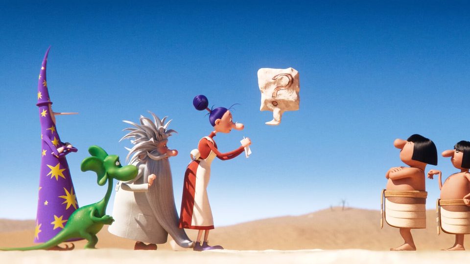 Still from Diplodocus: a wizard, a scientist and a small green dinosaur in the desert