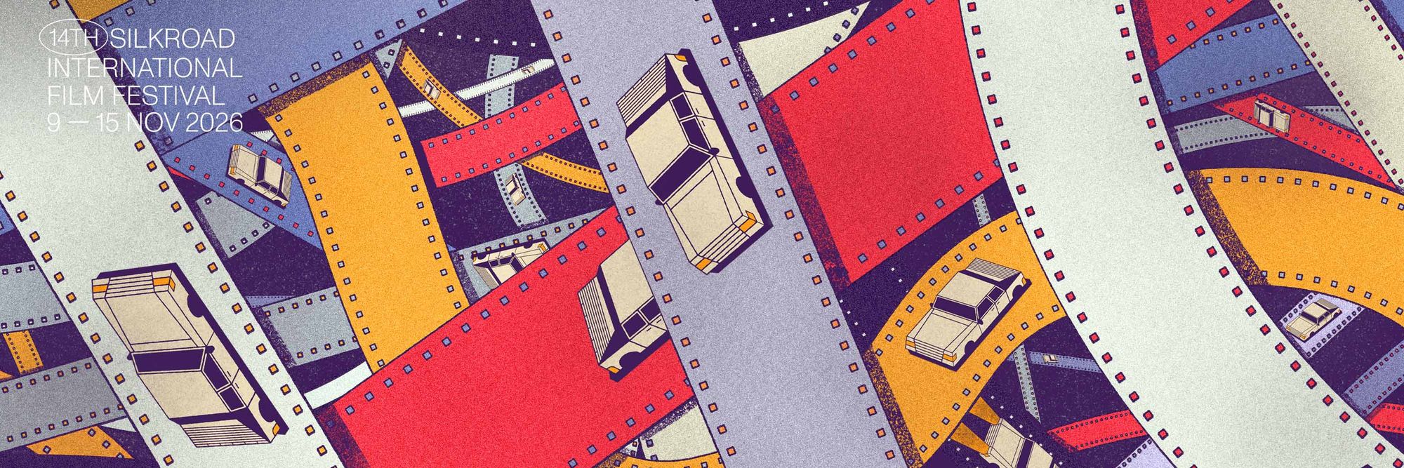14th Silk Road International Film Festival key art: film strips winding like roads, with small cars driving along them, in indigo, mustard, red and periwinkle